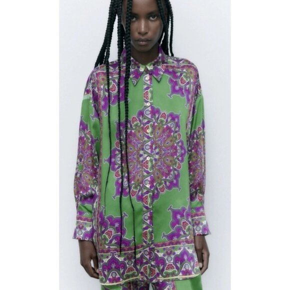 ZARA Green Floral Printed Long Button Shirt Blouse MEDIUM 8745/279 Slit Paisley - Picture 2 of 14